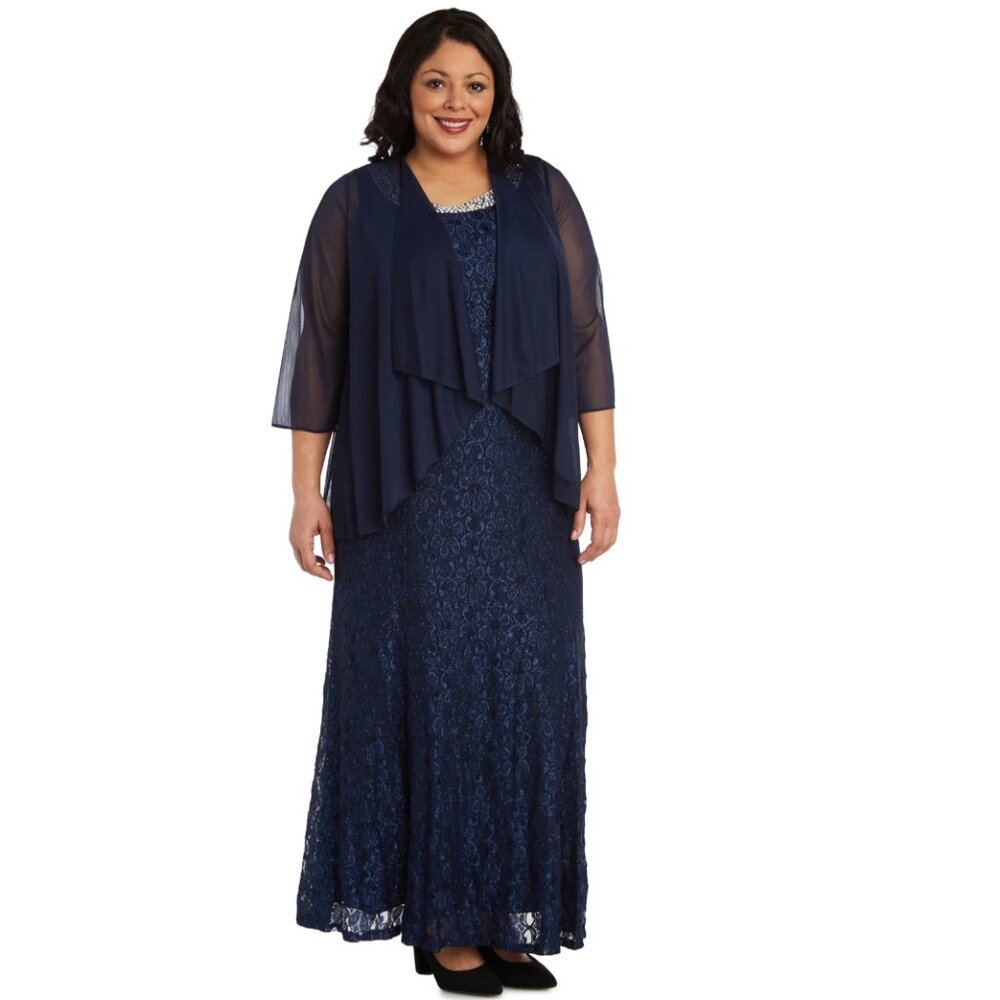 R&M Richards Evening Gown With Embellished Neckline and Flyaway Jacket - Plus